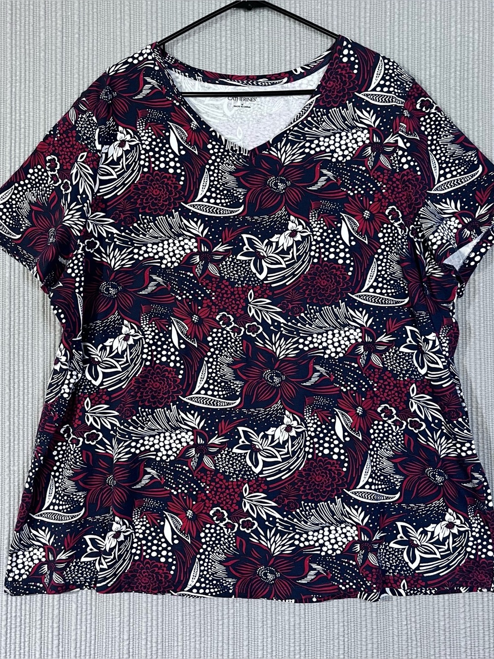 Catherines Short Sleeve V-neck Cotton Shirt Abstract Floral Womens plus 1X